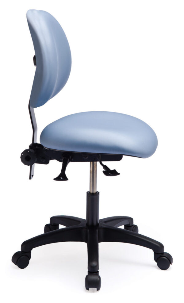 Ergo F Chair/Stool from ergoCentric. Blue. Equipped with Standard Mechanism, Black Base, Casters and Chrome Footring.