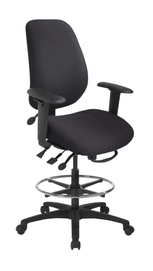 geoCentric Tall Back office chair from ergoCentric. Beige. Equipped with Multi Tilt Mechanism, Oval Tube Adjustable T-Arms, Black Base, Arms, and Casters.