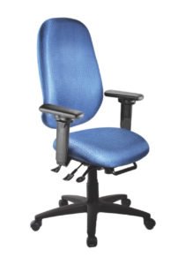 Saffron High Back Ratchet office chair from ergoCentric. Blue. Equipped with Multi Tilt Mechanism, 4” Height Adjustable Swivel Arms, Black Base, Arms and Casters.