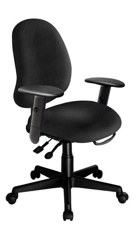 Saffron Mid Back office chair from ergoCentric. Yellow. Equipped with Multi Tilt Mechanism, 4” Height Adjustable Oval Tube Adjustable T-Arms, Black Base, Arms and Casters.
