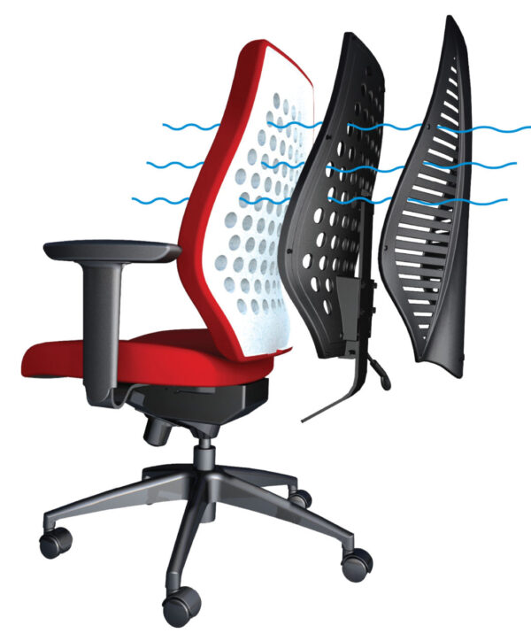 airCentric office chair from ergoCentric. Airknit Breathable Fabric. Equipped with Multi Tilt Mechanism, 4” Height Adjustable T-Arm, Black Base, Arms, and Casters.