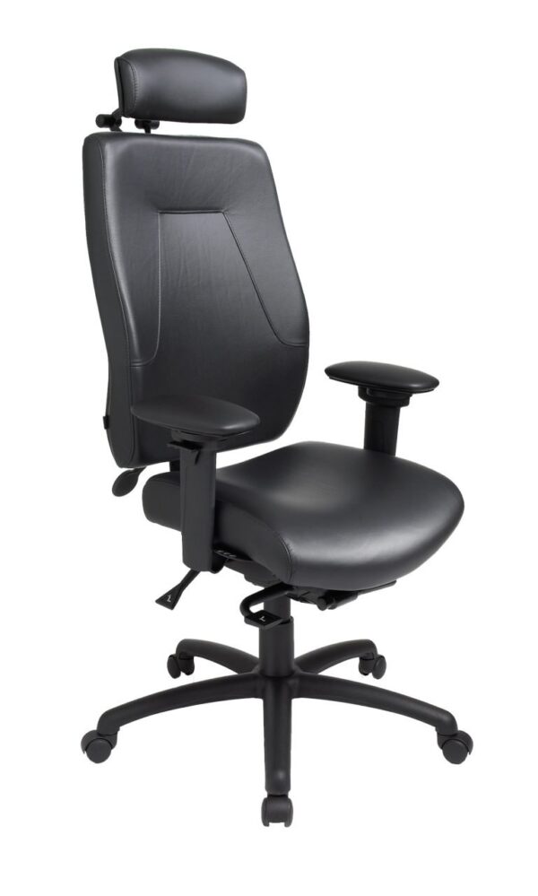 eCentric Executive office chair from ergoCentric. Black Leather. Equipped with Synchro Glide Mechanism, 4” Height Adjustable T-Arm, Black Base, Arms, Casters and Adjustable Headrest.