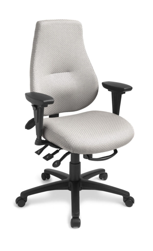 myCentric office chair from ergoCentric. Beige. Equipped with Multi Tilt Mechanism, 4” Height Adjustable T-Arm, Black Base, Arms, and Casters.